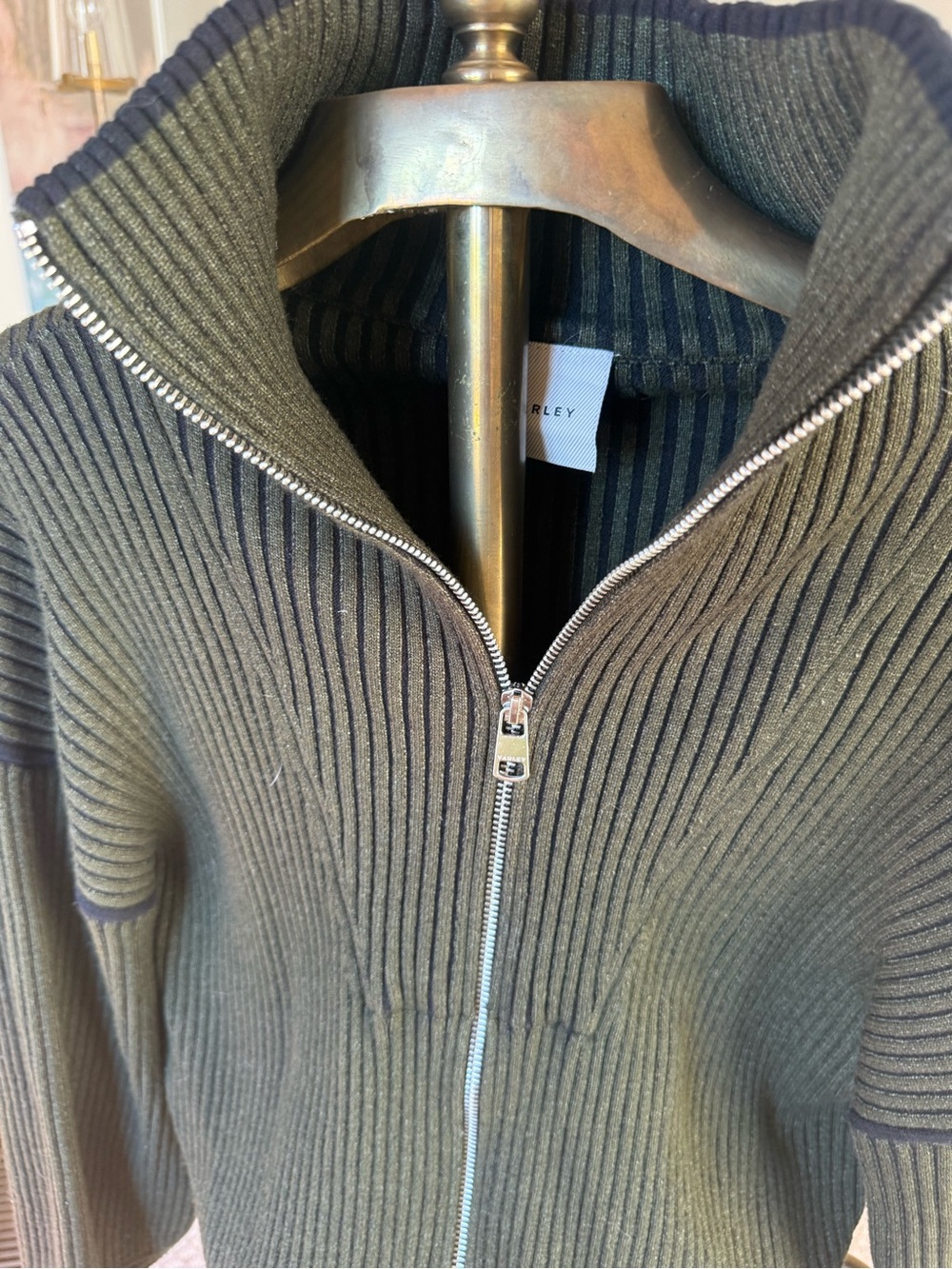 Varley Olive Ribbed Zip-Up Sweater